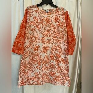 Gretchen Scott Beach Coverup.  100% Cotton,size Large.Lightweight White & Orange